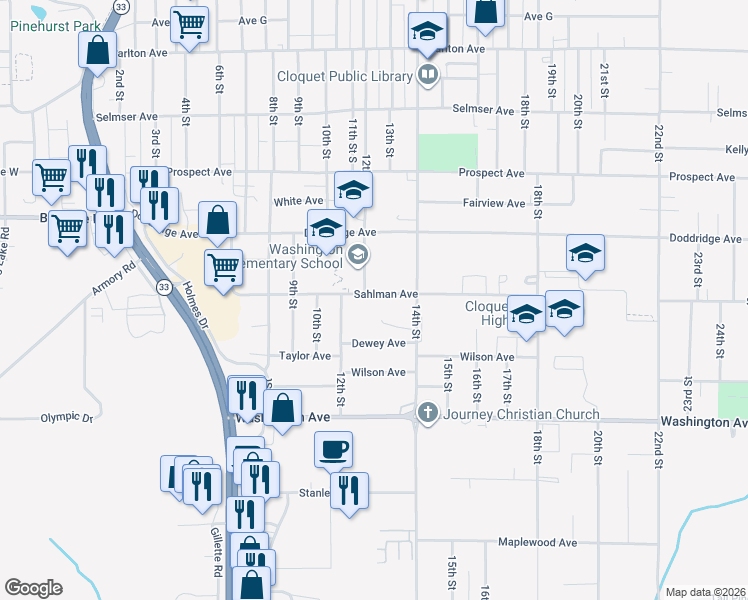 map of restaurants, bars, coffee shops, grocery stores, and more near 1212 Sahlman Avenue in Cloquet
