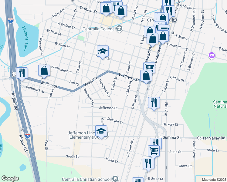 map of restaurants, bars, coffee shops, grocery stores, and more near 412 Brock Street in Centralia