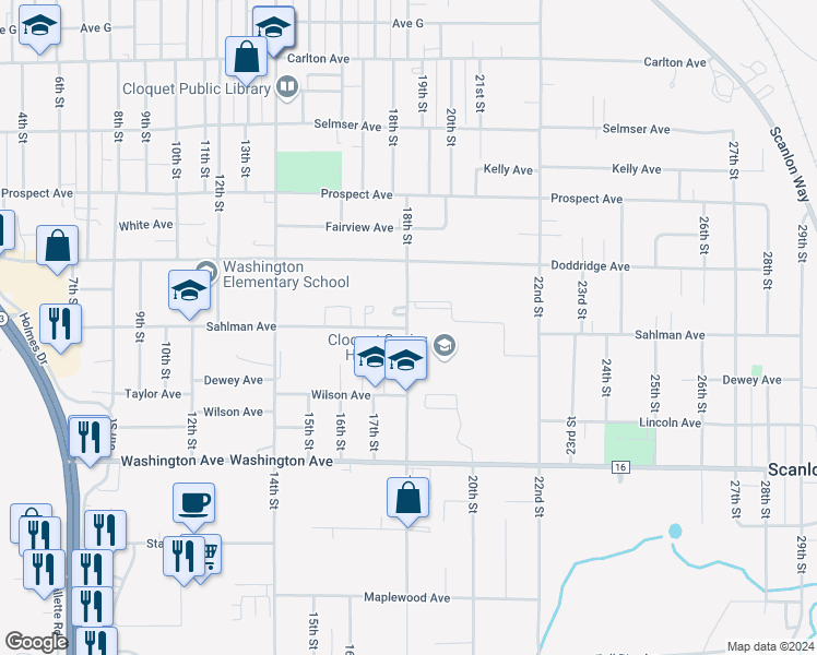map of restaurants, bars, coffee shops, grocery stores, and more near 798 18th Street in Cloquet
