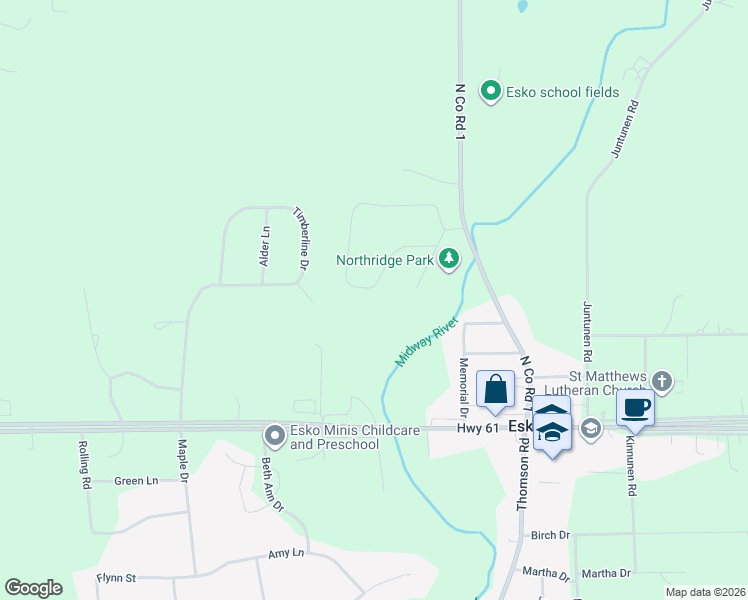 map of restaurants, bars, coffee shops, grocery stores, and more near 27 Ridge Road in Esko