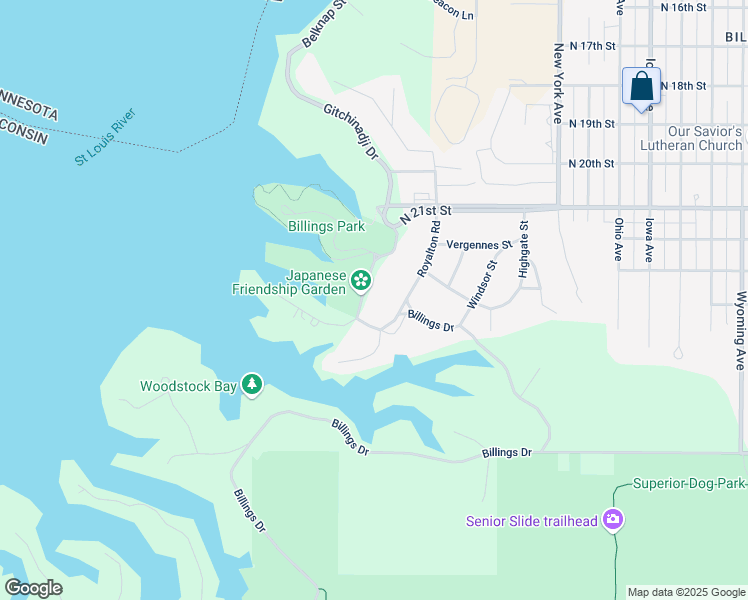 map of restaurants, bars, coffee shops, grocery stores, and more near 25 Billings Drive in Superior