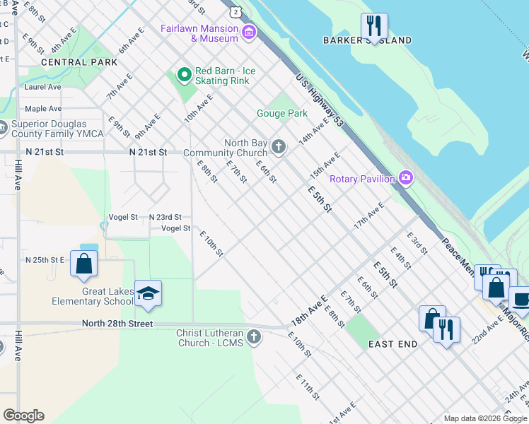 map of restaurants, bars, coffee shops, grocery stores, and more near 1408 East 7th Street in Superior