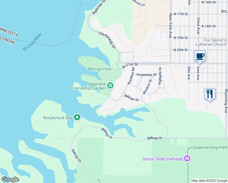map of restaurants, bars, coffee shops, grocery stores, and more near 25 Billings Drive in Superior