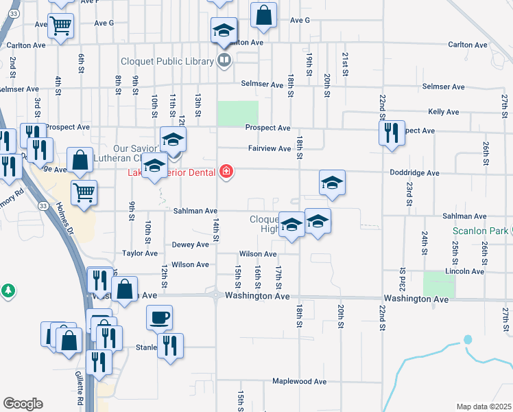 map of restaurants, bars, coffee shops, grocery stores, and more near 1528 Doddridge Avenue in Cloquet