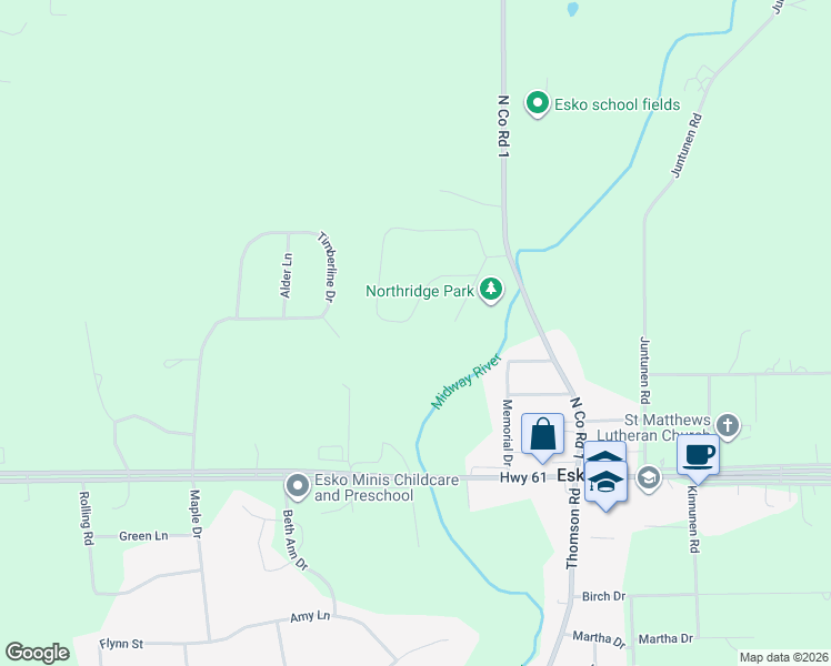map of restaurants, bars, coffee shops, grocery stores, and more near 29 Ridge Road in Esko