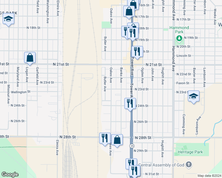 map of restaurants, bars, coffee shops, grocery stores, and more near 2300 Oakes Avenue in Superior