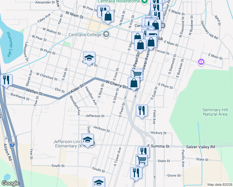 map of restaurants, bars, coffee shops, grocery stores, and more near 603 South Silver Street in Centralia