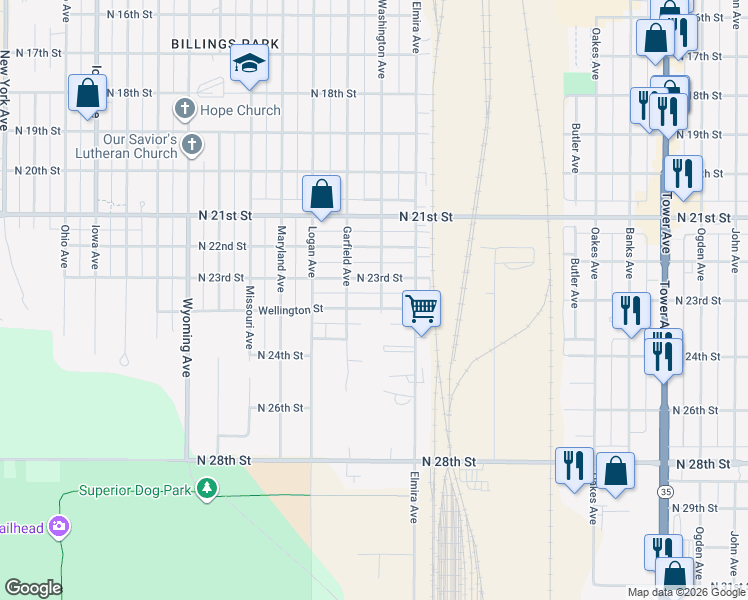 map of restaurants, bars, coffee shops, grocery stores, and more near 2604 North 23rd Street in Superior