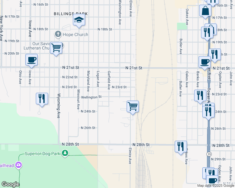 map of restaurants, bars, coffee shops, grocery stores, and more near 2604 North 23rd Street in Superior
