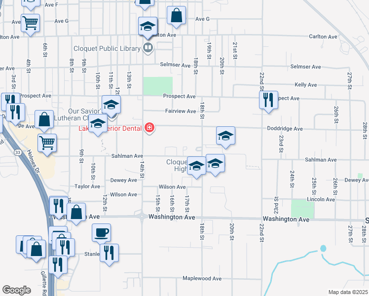 map of restaurants, bars, coffee shops, grocery stores, and more near 1741 Sahlman Avenue in Cloquet