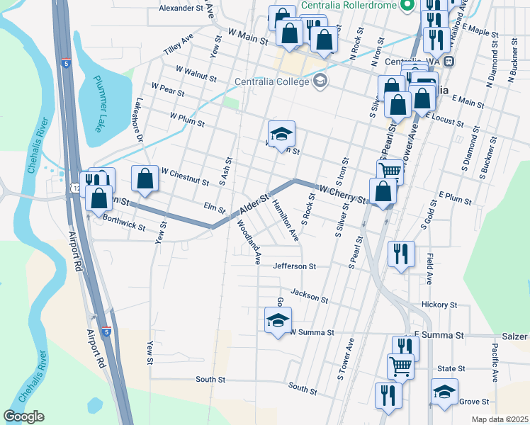map of restaurants, bars, coffee shops, grocery stores, and more near 806 Alder Street in Centralia
