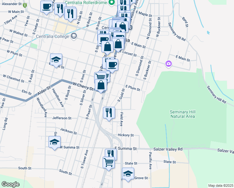 map of restaurants, bars, coffee shops, grocery stores, and more near 209 East Cherry Street in Centralia