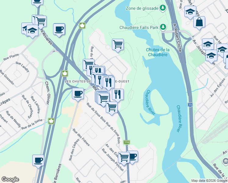 map of restaurants, bars, coffee shops, grocery stores, and more near 452 Rue des Muses in Saint-Nicolas