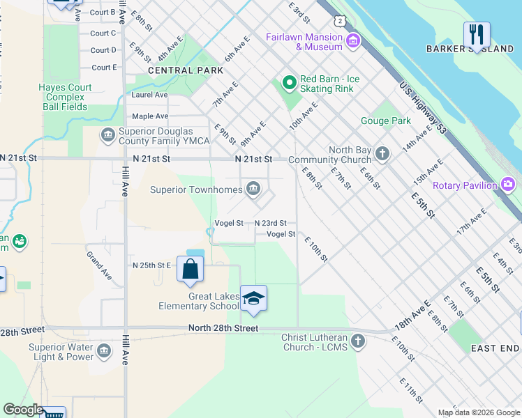 map of restaurants, bars, coffee shops, grocery stores, and more near Aspen Court in Superior