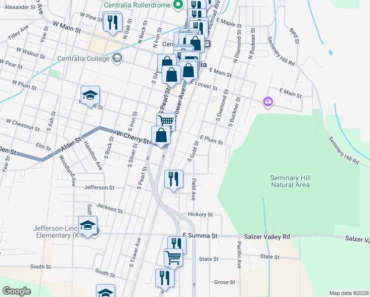 map of restaurants, bars, coffee shops, grocery stores, and more near 209 E Cherry St in Centralia