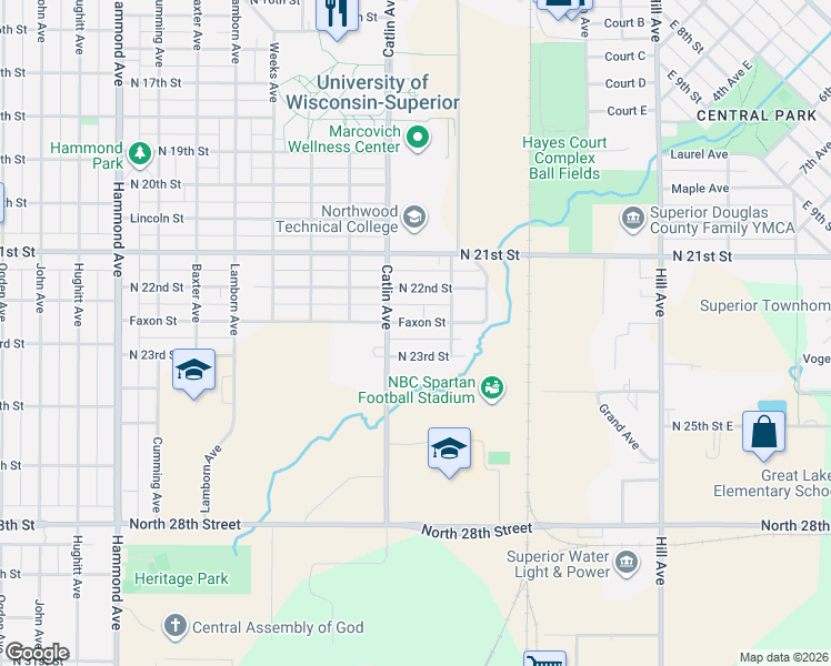 map of restaurants, bars, coffee shops, grocery stores, and more near 626 Faxon Street in Superior