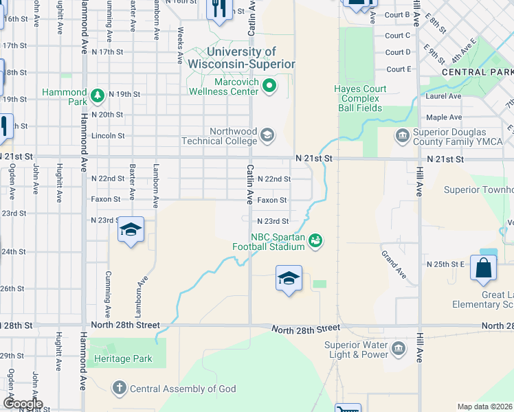 map of restaurants, bars, coffee shops, grocery stores, and more near 626 Faxon Street in Superior