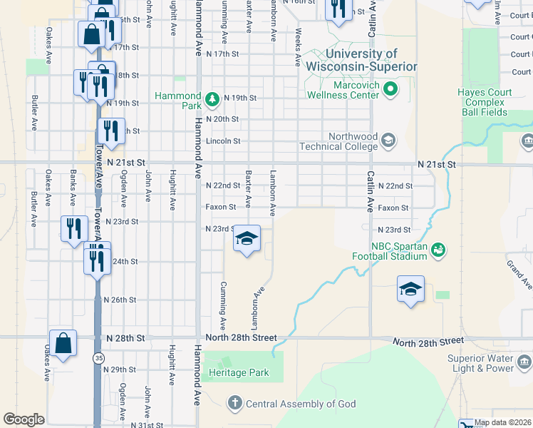 map of restaurants, bars, coffee shops, grocery stores, and more near 1108 Faxon Street in Superior