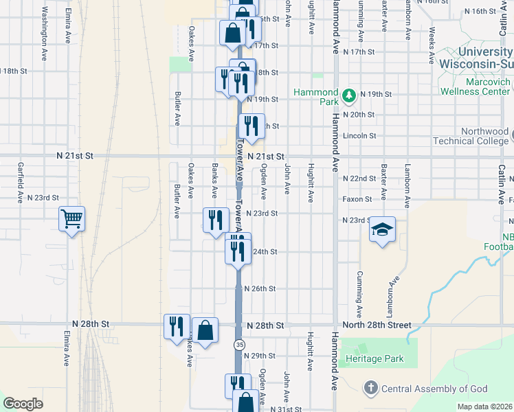 map of restaurants, bars, coffee shops, grocery stores, and more near 2217 Ogden Avenue in Superior