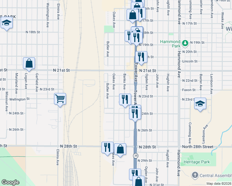 map of restaurants, bars, coffee shops, grocery stores, and more near 2217 Banks Avenue in Superior