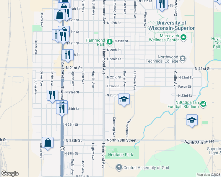 map of restaurants, bars, coffee shops, grocery stores, and more near 1310 Faxon Street in Superior