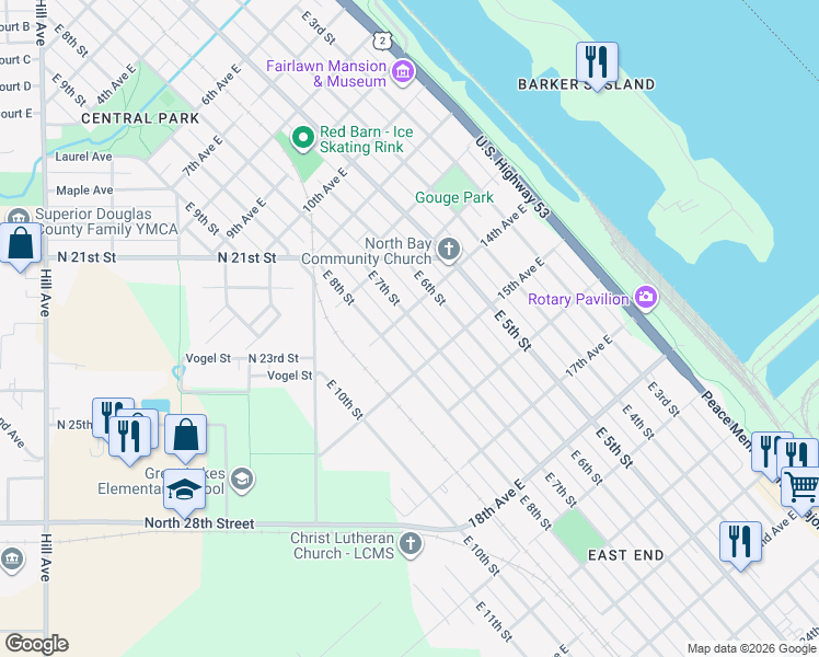 map of restaurants, bars, coffee shops, grocery stores, and more near 1408 East 7th Street in Superior