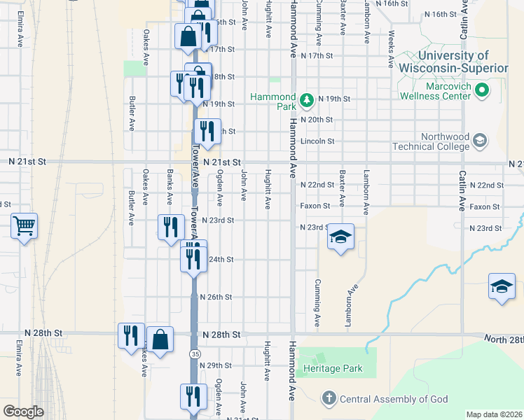 map of restaurants, bars, coffee shops, grocery stores, and more near 2217 Hughitt Avenue in Superior