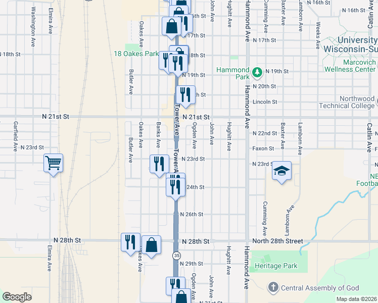map of restaurants, bars, coffee shops, grocery stores, and more near 2217 Ogden Avenue in Superior
