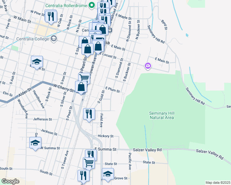 map of restaurants, bars, coffee shops, grocery stores, and more near 406 E Plum St in Centralia