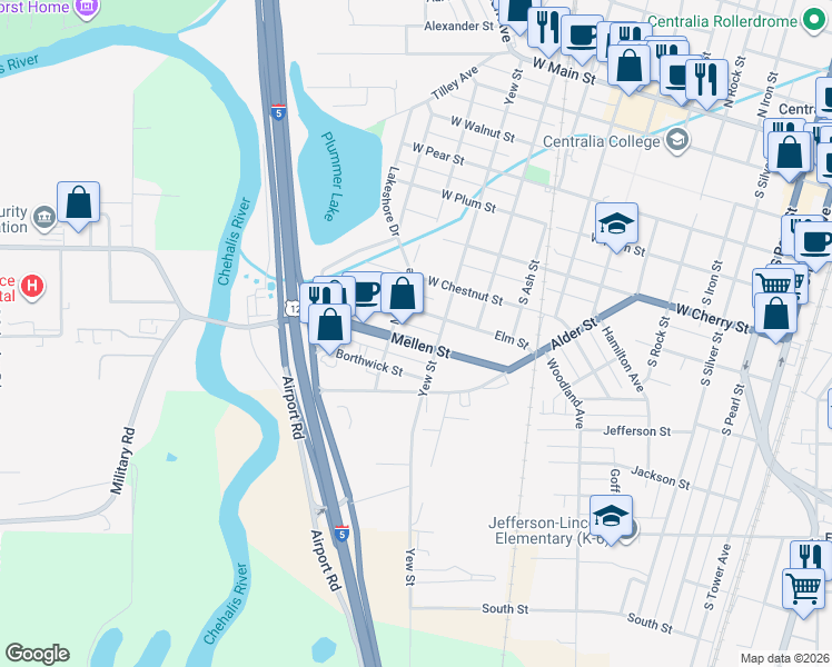 map of restaurants, bars, coffee shops, grocery stores, and more near 1125 Mellen Street in Centralia