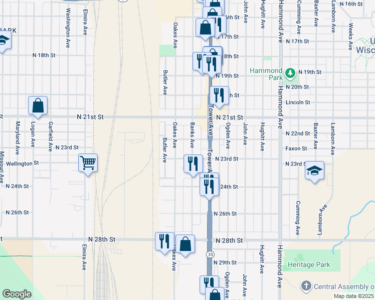 map of restaurants, bars, coffee shops, grocery stores, and more near 2217 Banks Avenue in Superior