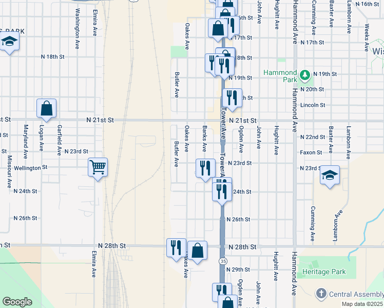 map of restaurants, bars, coffee shops, grocery stores, and more near 2217 Banks Avenue in Superior