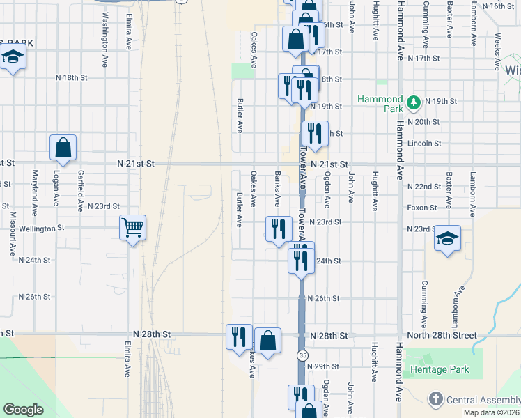 map of restaurants, bars, coffee shops, grocery stores, and more near 2217 Banks Avenue in Superior