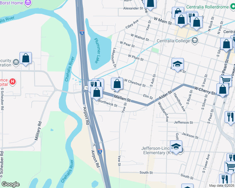 map of restaurants, bars, coffee shops, grocery stores, and more near 1125 Mellen Street in Centralia