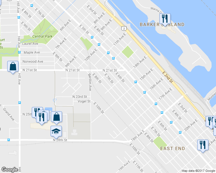 map of restaurants, bars, coffee shops, grocery stores, and more near 715 14th Avenue East in Superior