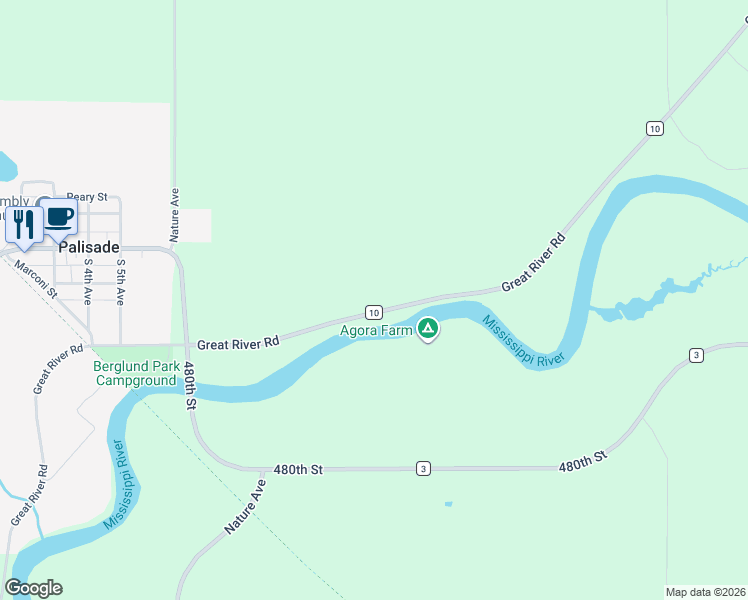 map of restaurants, bars, coffee shops, grocery stores, and more near 48225 Great River Road in Palisade
