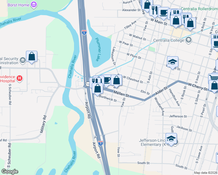 map of restaurants, bars, coffee shops, grocery stores, and more near 1217 Mellen Street in Centralia
