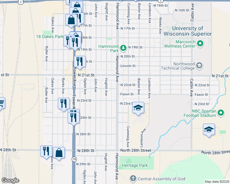 map of restaurants, bars, coffee shops, grocery stores, and more near 2215 Hammond Avenue in Superior