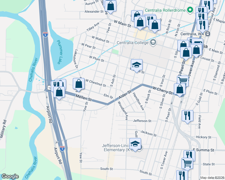 map of restaurants, bars, coffee shops, grocery stores, and more near 710 South Ash Street in Centralia