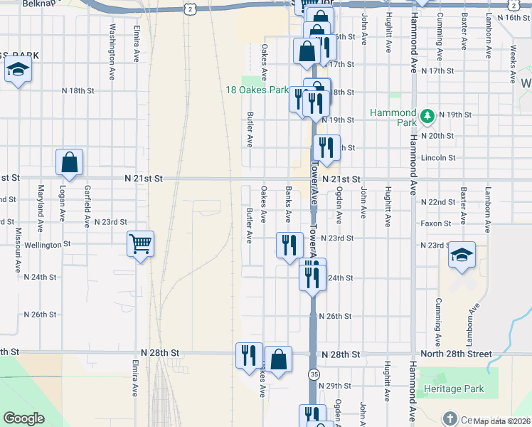 map of restaurants, bars, coffee shops, grocery stores, and more near 2213 Oakes Avenue in Superior
