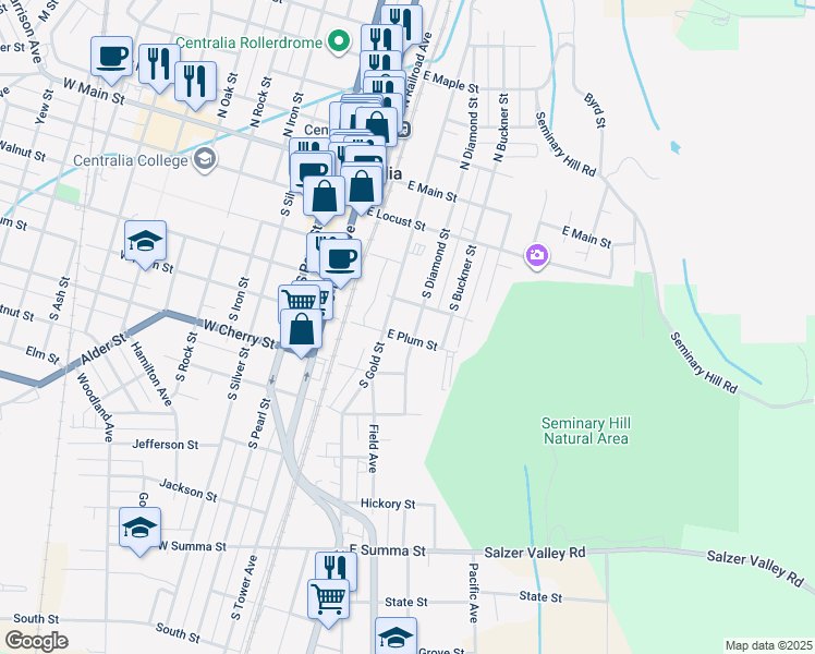 map of restaurants, bars, coffee shops, grocery stores, and more near 406 East Plum Street in Centralia