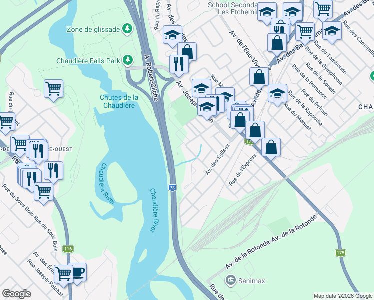 map of restaurants, bars, coffee shops, grocery stores, and more near 3074 Rue Alfred-Arcand in Lévis