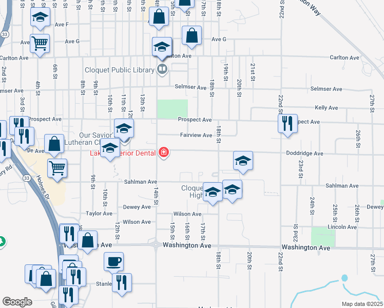map of restaurants, bars, coffee shops, grocery stores, and more near 1528 Doddridge Avenue in Cloquet