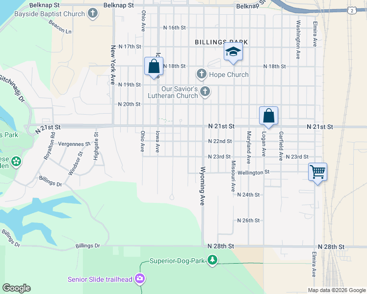 map of restaurants, bars, coffee shops, grocery stores, and more near 2302 Susquehanna Avenue in Superior