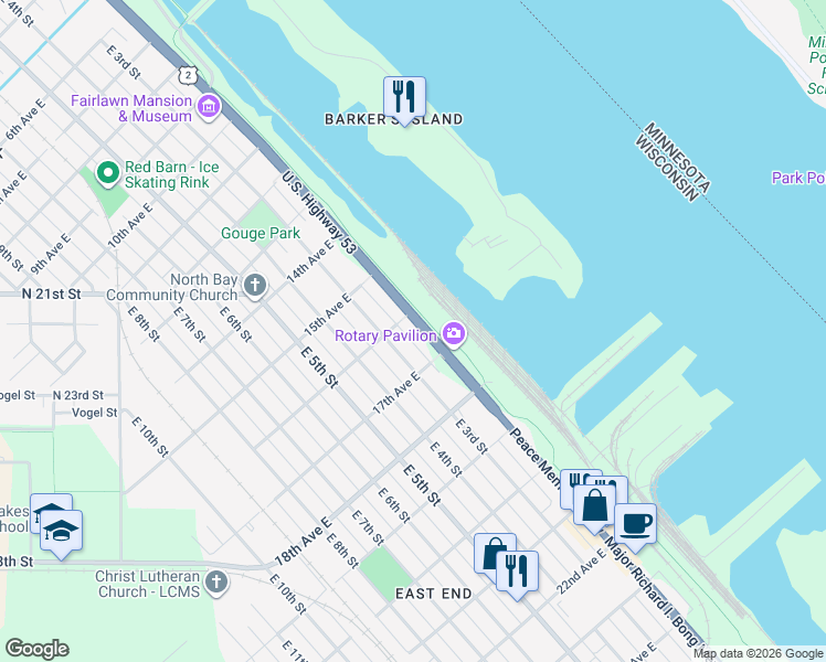 map of restaurants, bars, coffee shops, grocery stores, and more near 1610 East 2nd Street in Superior