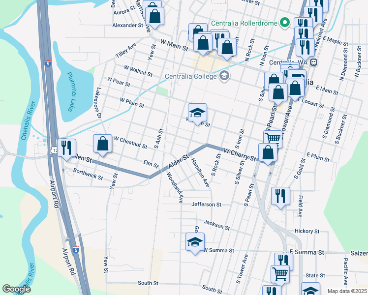 map of restaurants, bars, coffee shops, grocery stores, and more near 703 West Cherry Street in Centralia