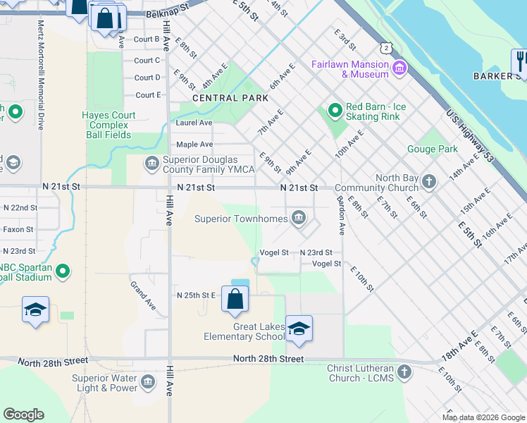 map of restaurants, bars, coffee shops, grocery stores, and more near 100 North 21st Street in Superior