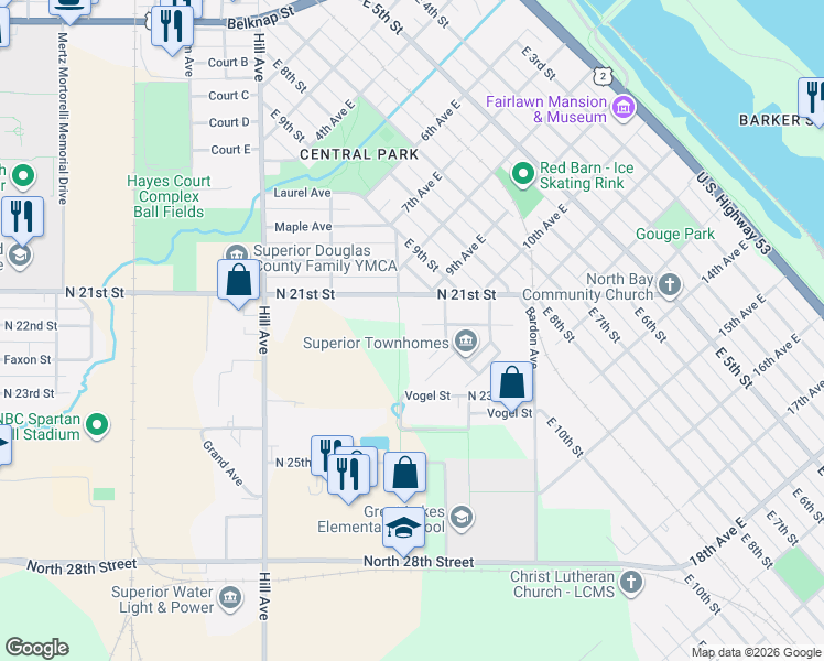 map of restaurants, bars, coffee shops, grocery stores, and more near 100 North 21st Street in Superior