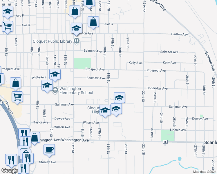 map of restaurants, bars, coffee shops, grocery stores, and more near 1801 Doddridge Avenue in Cloquet