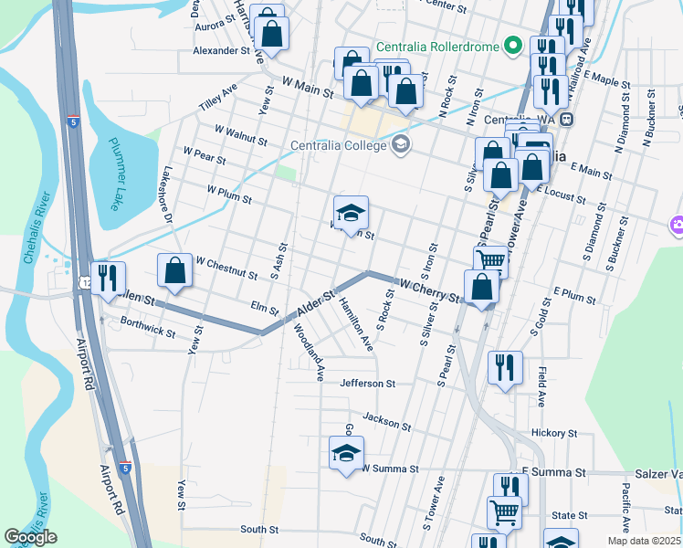 map of restaurants, bars, coffee shops, grocery stores, and more near 703 West Cherry Street in Centralia